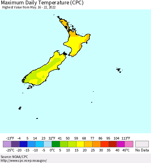 New Zealand Maximum Daily Temperature (CPC) Thematic Map For 5/16/2022 - 5/22/2022