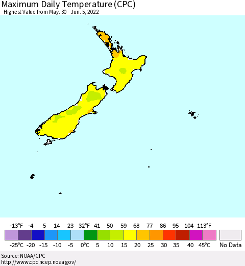 New Zealand Maximum Daily Temperature (CPC) Thematic Map For 5/30/2022 - 6/5/2022