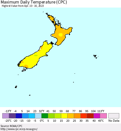 New Zealand Maximum Daily Temperature (CPC) Thematic Map For 4/10/2023 - 4/16/2023
