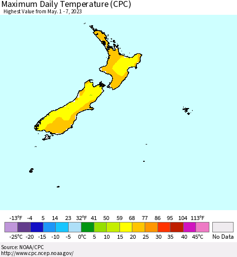 New Zealand Maximum Daily Temperature (CPC) Thematic Map For 5/1/2023 - 5/7/2023