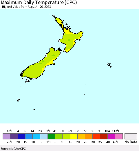 New Zealand Maximum Daily Temperature (CPC) Thematic Map For 8/14/2023 - 8/20/2023