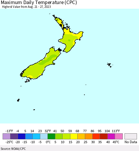 New Zealand Maximum Daily Temperature (CPC) Thematic Map For 8/21/2023 - 8/27/2023
