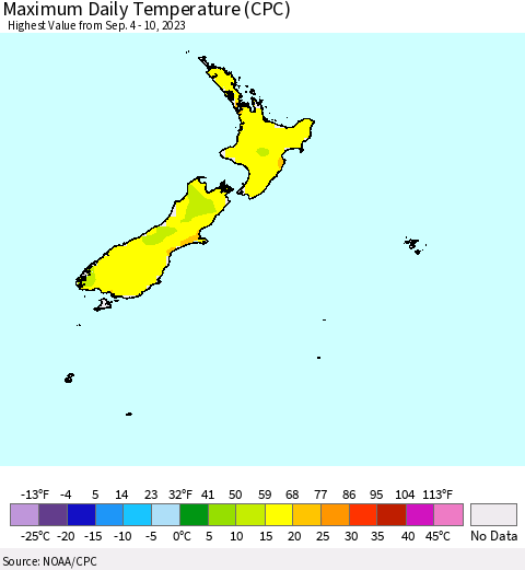 New Zealand Maximum Daily Temperature (CPC) Thematic Map For 9/4/2023 - 9/10/2023