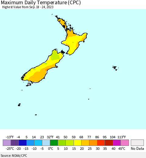 New Zealand Maximum Daily Temperature (CPC) Thematic Map For 9/18/2023 - 9/24/2023
