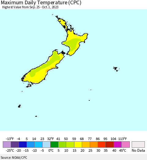 New Zealand Maximum Daily Temperature (CPC) Thematic Map For 9/25/2023 - 10/1/2023