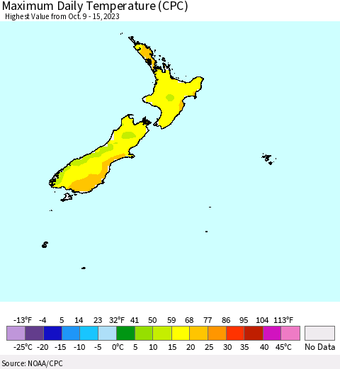 New Zealand Maximum Daily Temperature (CPC) Thematic Map For 10/9/2023 - 10/15/2023
