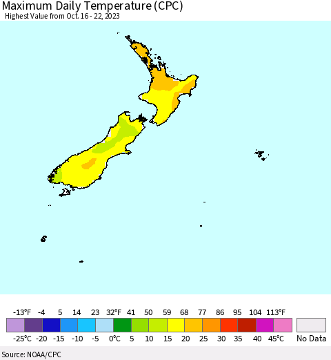 New Zealand Maximum Daily Temperature (CPC) Thematic Map For 10/16/2023 - 10/22/2023
