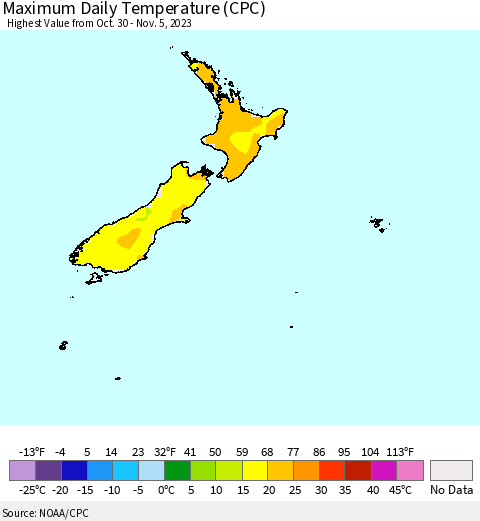 New Zealand Maximum Daily Temperature (CPC) Thematic Map For 10/30/2023 - 11/5/2023