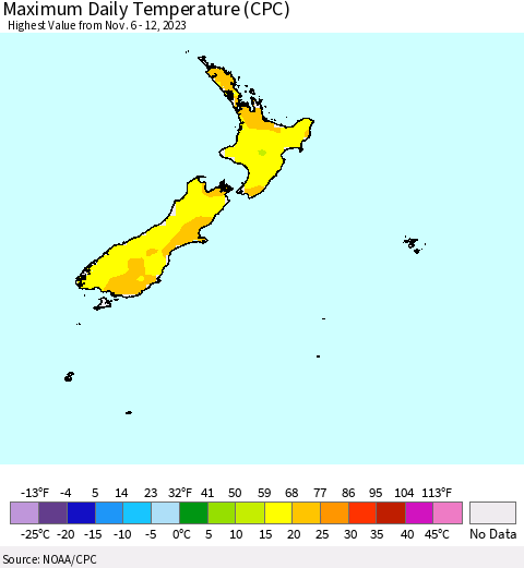 New Zealand Maximum Daily Temperature (CPC) Thematic Map For 11/6/2023 - 11/12/2023