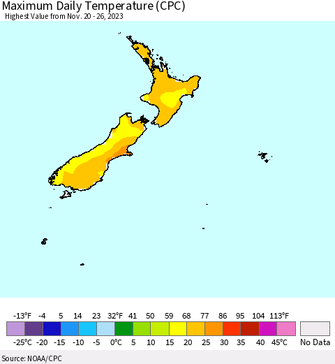 New Zealand Maximum Daily Temperature (CPC) Thematic Map For 11/20/2023 - 11/26/2023