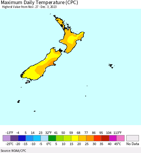 New Zealand Maximum Daily Temperature (CPC) Thematic Map For 11/27/2023 - 12/3/2023