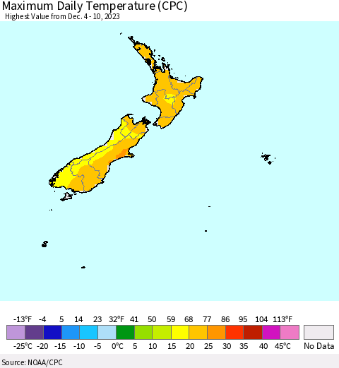 New Zealand Maximum Daily Temperature (CPC) Thematic Map For 12/4/2023 - 12/10/2023