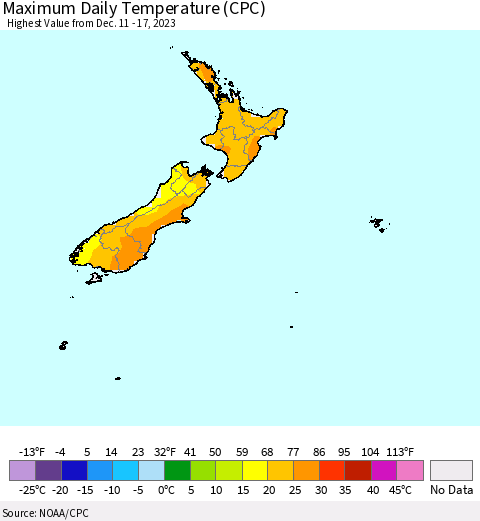 New Zealand Maximum Daily Temperature (CPC) Thematic Map For 12/11/2023 - 12/17/2023