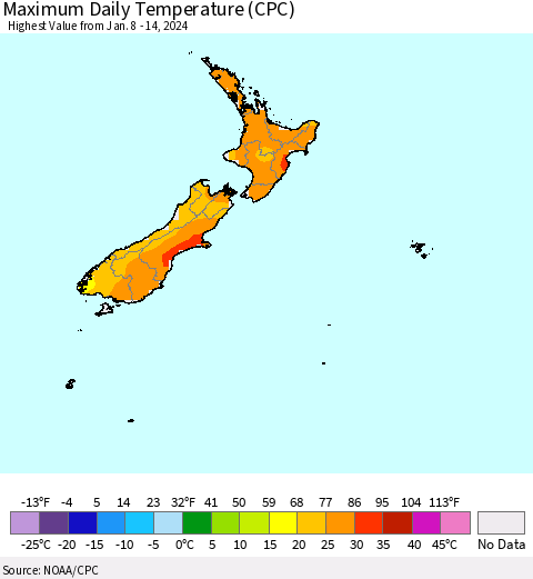 New Zealand Maximum Daily Temperature (CPC) Thematic Map For 1/8/2024 - 1/14/2024