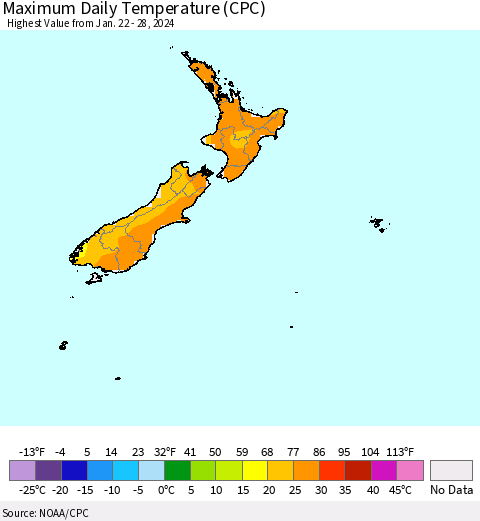 New Zealand Maximum Daily Temperature (CPC) Thematic Map For 1/22/2024 - 1/28/2024