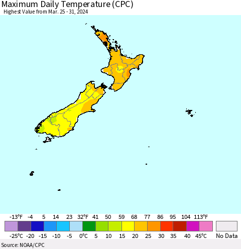 New Zealand Maximum Daily Temperature (CPC) Thematic Map For 3/25/2024 - 3/31/2024