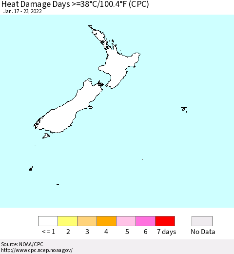 New Zealand Heat Damage Days >=38°C/100°F (CPC) Thematic Map For 1/17/2022 - 1/23/2022