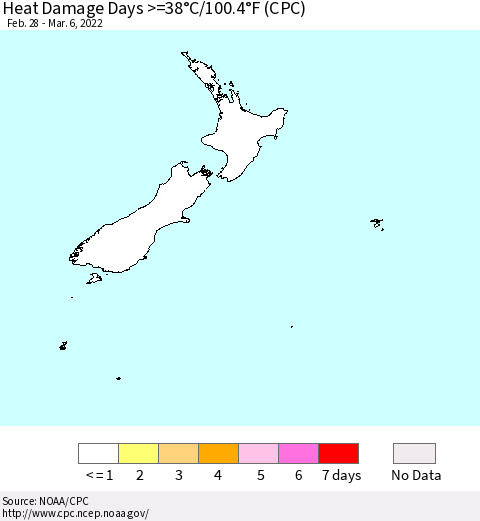 New Zealand Heat Damage Days >=38°C/100°F (CPC) Thematic Map For 2/28/2022 - 3/6/2022