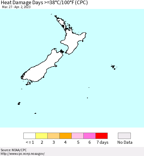 New Zealand Heat Damage Days >=38°C/100°F (CPC) Thematic Map For 3/27/2023 - 4/2/2023
