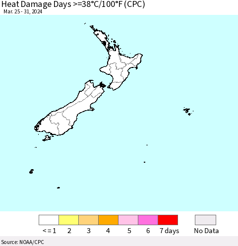 New Zealand Heat Damage Days >=38°C/100°F (CPC) Thematic Map For 3/25/2024 - 3/31/2024