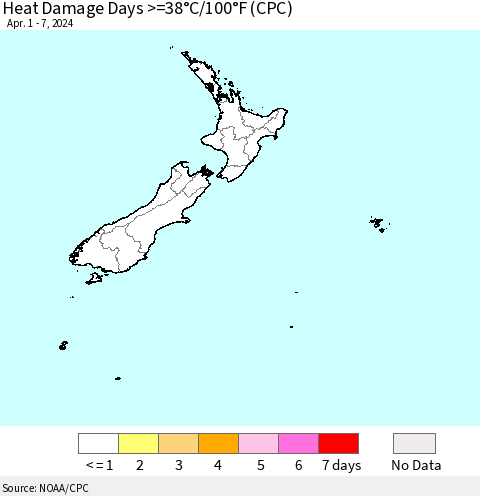 New Zealand Heat Damage Days >=38°C/100°F (CPC) Thematic Map For 4/1/2024 - 4/7/2024