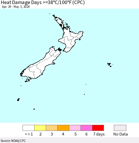 New Zealand Heat Damage Days >=38°C/100°F (CPC) Thematic Map For 4/29/2024 - 5/5/2024