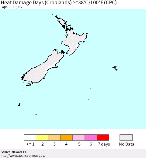 New Zealand Heat Damage Days (Croplands) >=38°C/100°F (CPC) Thematic Map For 4/5/2021 - 4/11/2021