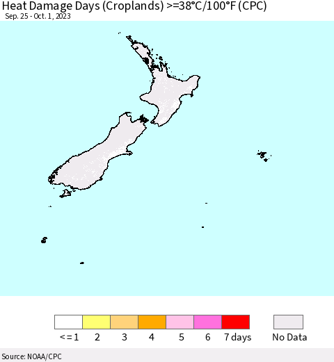 New Zealand Heat Damage Days (Croplands) >=38°C/100°F (CPC) Thematic Map For 9/25/2023 - 10/1/2023