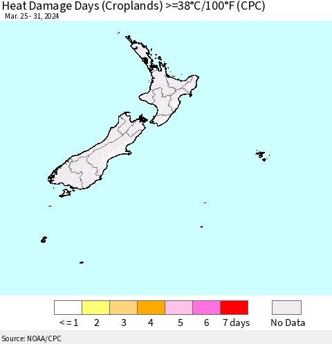 New Zealand Heat Damage Days (Croplands) >=38°C/100°F (CPC) Thematic Map For 3/25/2024 - 3/31/2024