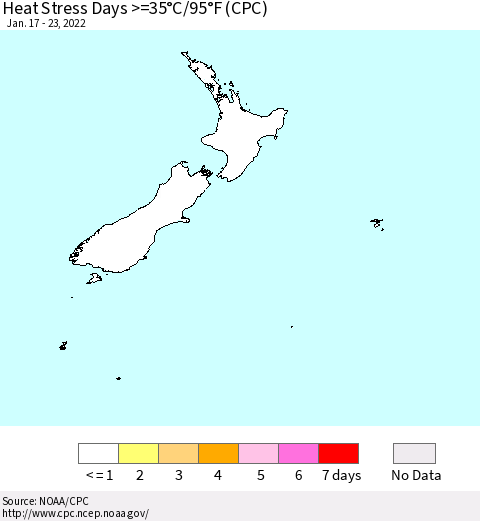 New Zealand Heat Stress Days >=35°C/95°F (CPC) Thematic Map For 1/17/2022 - 1/23/2022