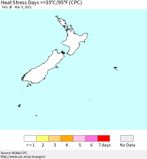 New Zealand Heat Stress Days >=35°C/95°F (CPC) Thematic Map For 2/28/2022 - 3/6/2022