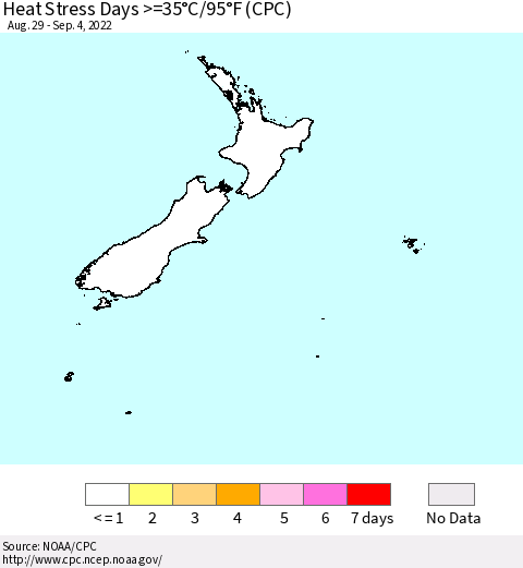 New Zealand Heat Stress Days >=35°C/95°F (CPC) Thematic Map For 8/29/2022 - 9/4/2022