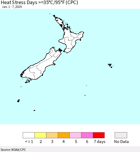 New Zealand Heat Stress Days >=35°C/95°F (CPC) Thematic Map For 1/1/2024 - 1/7/2024