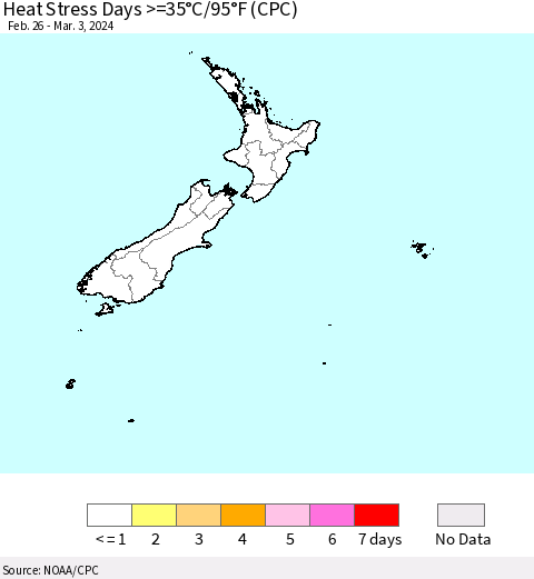 New Zealand Heat Stress Days >=35°C/95°F (CPC) Thematic Map For 2/26/2024 - 3/3/2024