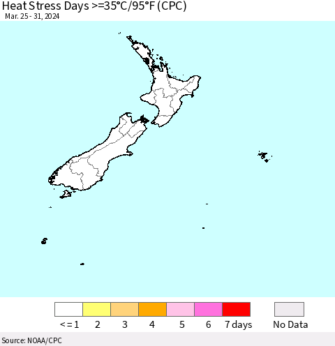 New Zealand Heat Stress Days >=35°C/95°F (CPC) Thematic Map For 3/25/2024 - 3/31/2024