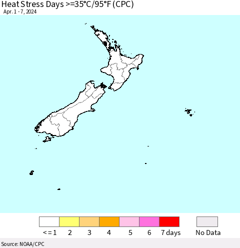 New Zealand Heat Stress Days >=35°C/95°F (CPC) Thematic Map For 4/1/2024 - 4/7/2024