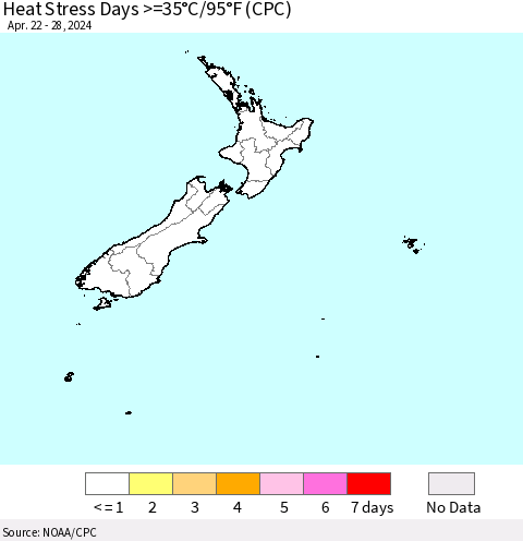 New Zealand Heat Stress Days >=35°C/95°F (CPC) Thematic Map For 4/22/2024 - 4/28/2024