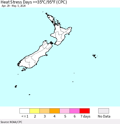 New Zealand Heat Stress Days >=35°C/95°F (CPC) Thematic Map For 4/29/2024 - 5/5/2024