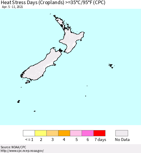 New Zealand Heat Stress Days (Croplands) >=35°C/95°F (CPC) Thematic Map For 4/5/2021 - 4/11/2021