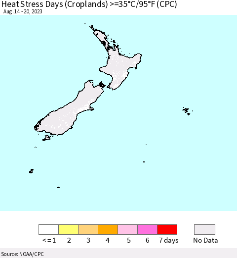 New Zealand Heat Stress Days (Croplands) >=35°C/95°F (CPC) Thematic Map For 8/14/2023 - 8/20/2023