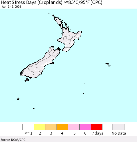 New Zealand Heat Stress Days (Croplands) >=35°C/95°F (CPC) Thematic Map For 4/1/2024 - 4/7/2024