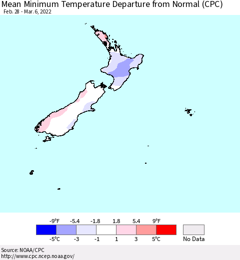 New Zealand Mean Minimum Temperature Departure from Normal (CPC) Thematic Map For 2/28/2022 - 3/6/2022