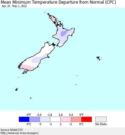 New Zealand Mean Minimum Temperature Departure from Normal (CPC) Thematic Map For 4/25/2022 - 5/1/2022
