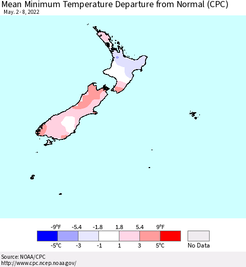 New Zealand Mean Minimum Temperature Departure from Normal (CPC) Thematic Map For 5/2/2022 - 5/8/2022
