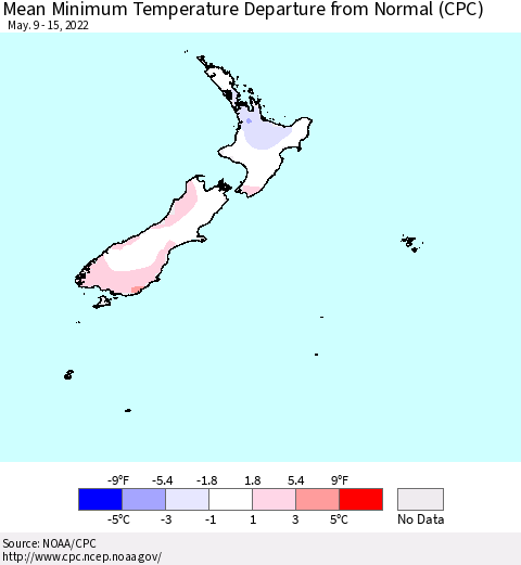New Zealand Mean Minimum Temperature Departure from Normal (CPC) Thematic Map For 5/9/2022 - 5/15/2022