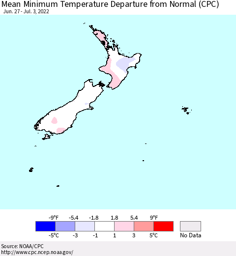 New Zealand Mean Minimum Temperature Departure from Normal (CPC) Thematic Map For 6/27/2022 - 7/3/2022