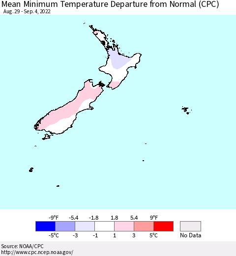 New Zealand Mean Minimum Temperature Departure from Normal (CPC) Thematic Map For 8/29/2022 - 9/4/2022