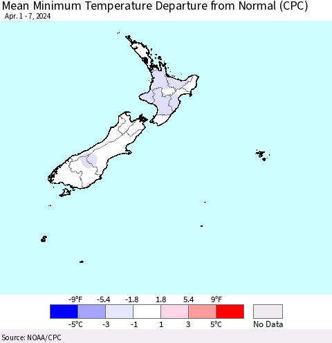 New Zealand Mean Minimum Temperature Departure from Normal (CPC) Thematic Map For 4/1/2024 - 4/7/2024