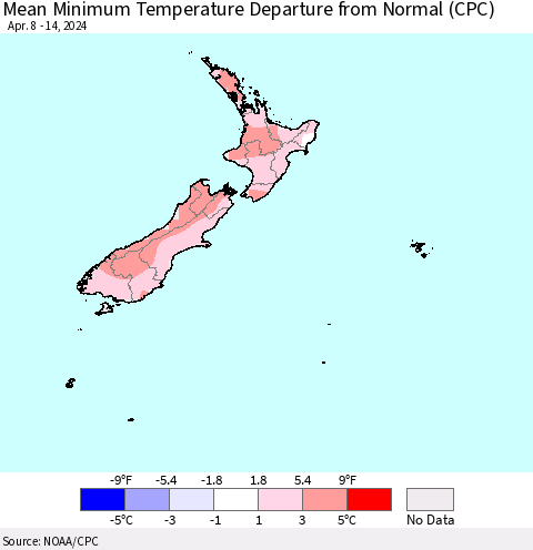 New Zealand Mean Minimum Temperature Departure from Normal (CPC) Thematic Map For 4/8/2024 - 4/14/2024