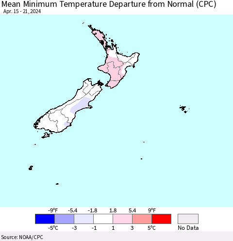New Zealand Mean Minimum Temperature Departure from Normal (CPC) Thematic Map For 4/15/2024 - 4/21/2024